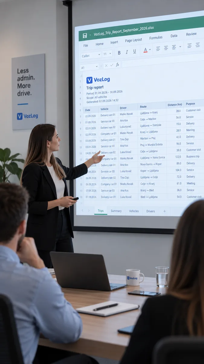 Vodja voznega parka sodelavcem predstavlja poročilo o poteh, izvoženo iz aplikacije VozLog v Excel